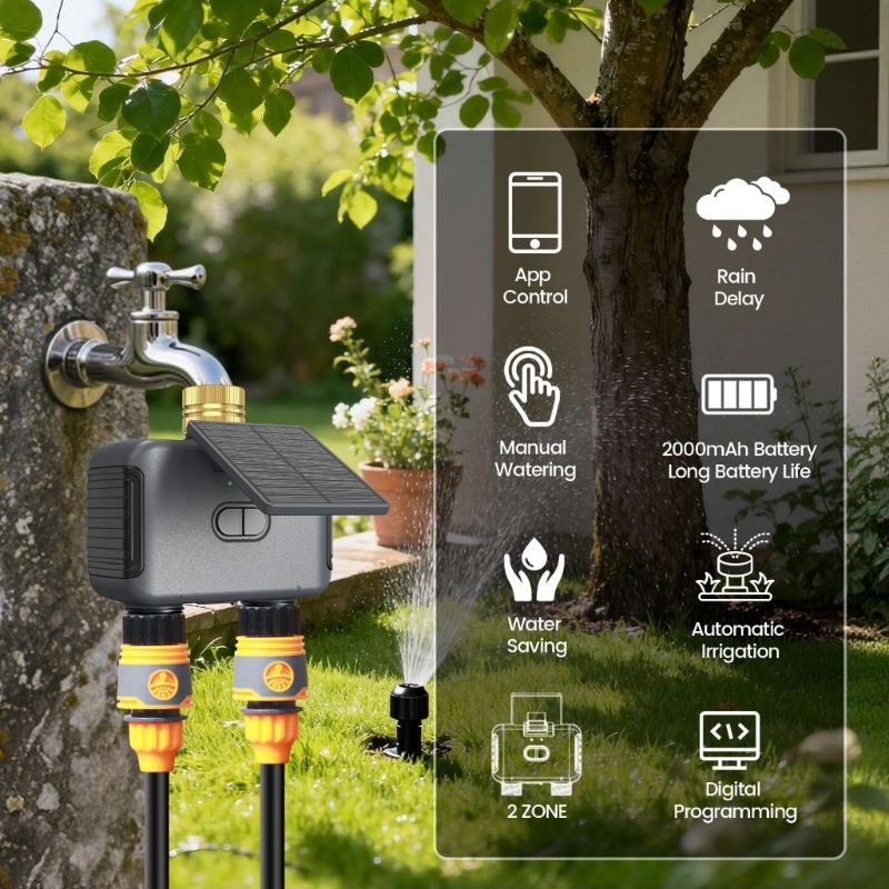 Wifi Irrigation Timer - 2-Zonen-Solar-Bewässerungstimer mit WiFi-Fernplanung, Bewässerungssteuerung für Gartenschlauch,