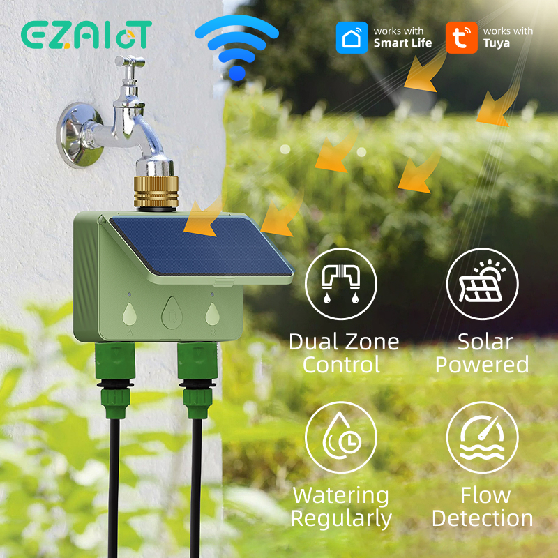 Wifi Irrigation Timer - WLAN-Bewässerungstimer für 2 Zonen, Solarbetrieben, Smart